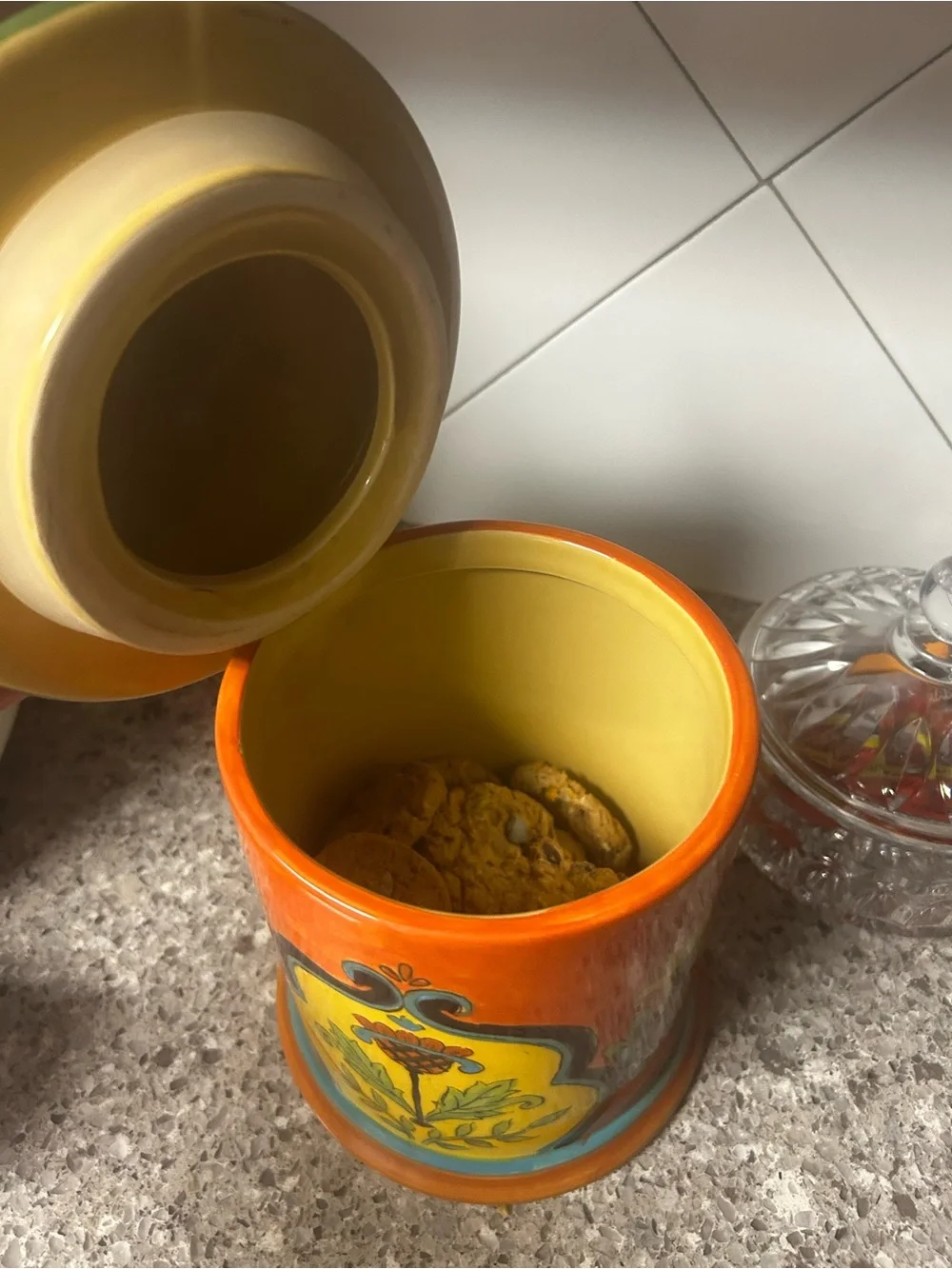 Hand-Painted Decorative Ceramic Canister in Orange, Yellow, and Green